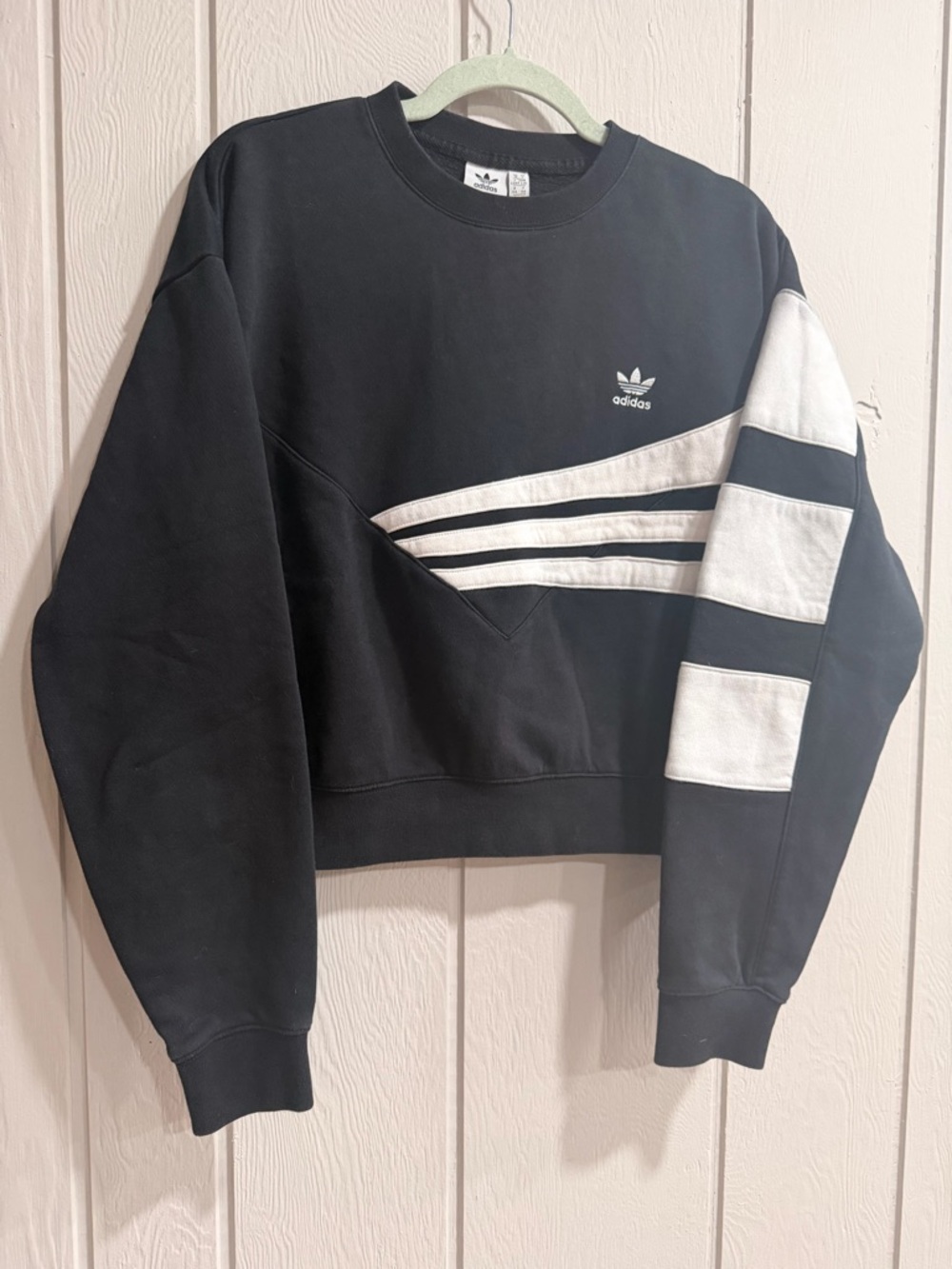 adidas Cropped Black Crewneck Sweatshirt with White Stripe Detail